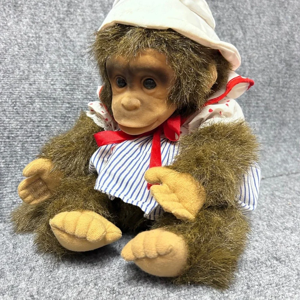 Vintage Plush Monkey Doll Brown Faux Fur White Hat Heart Blue Striped Outfit